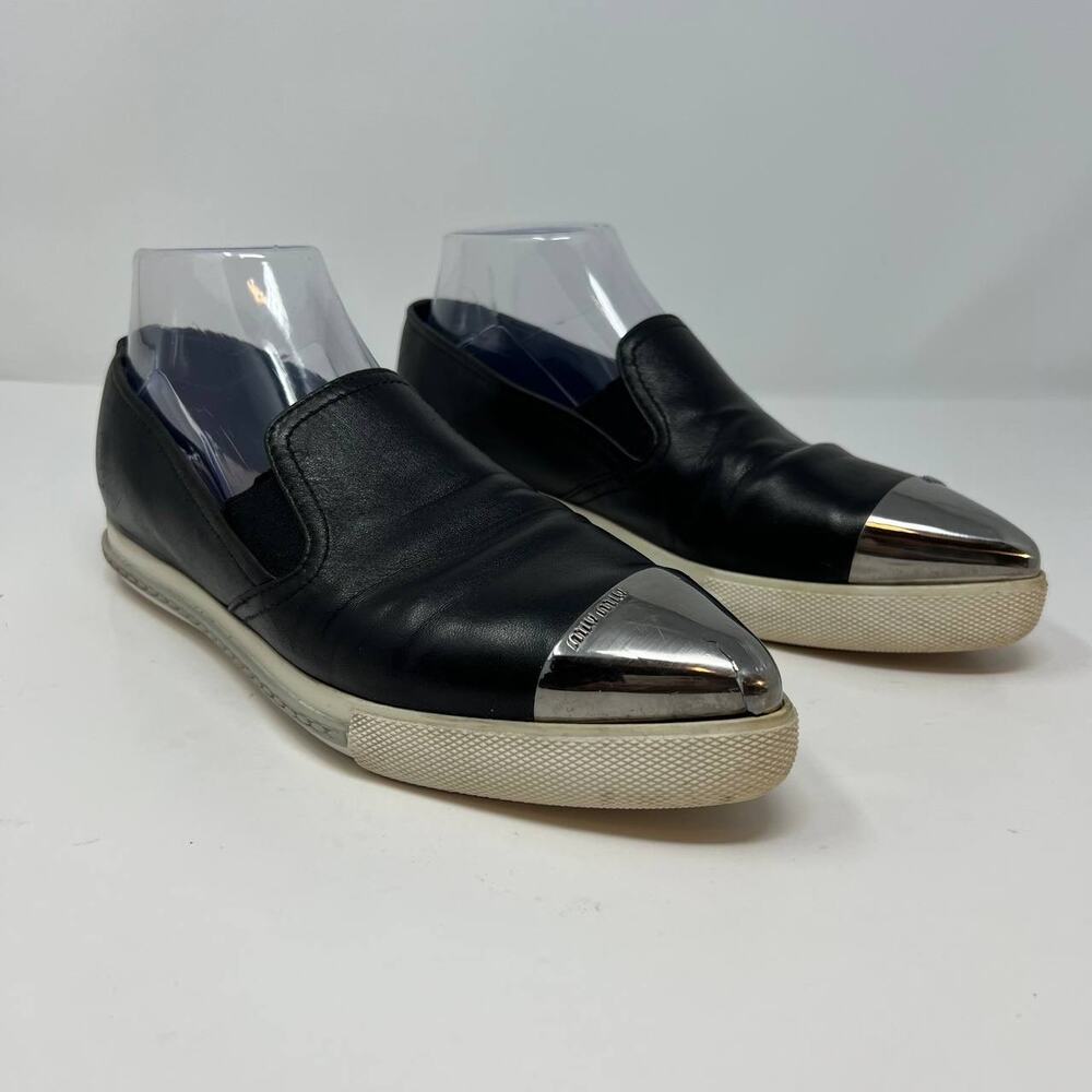 Miu Miu Loafers Women's 38.5 Black Leather Silver Toe Cap Slip On Luxury Shoes - Picture 7 of 16